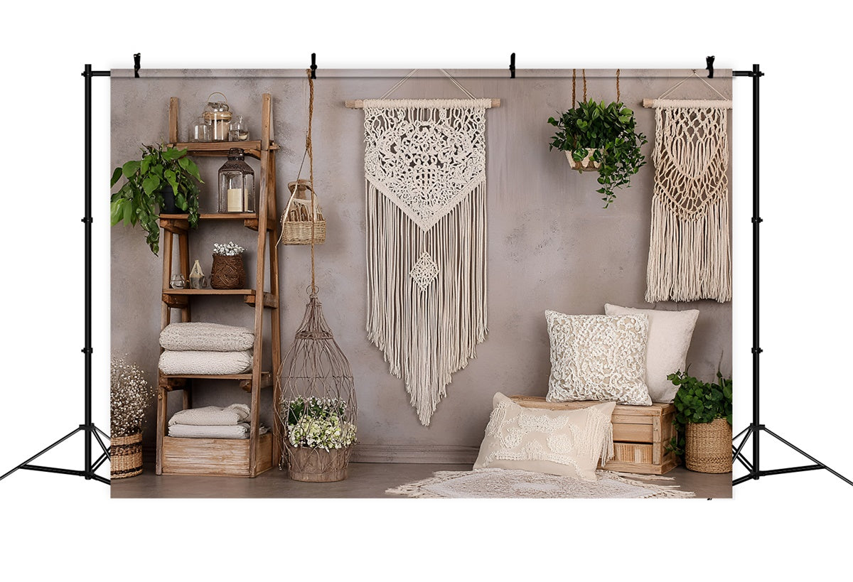 Toile de Fond Photo Boho Mur Macramé Plantes Vertes GQ2-83