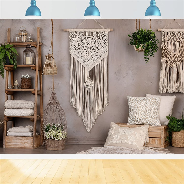 Toile de Fond Photo Boho Mur Macramé Plantes Vertes GQ2-83