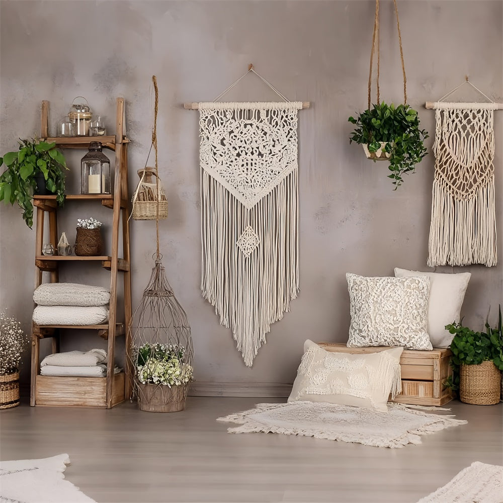Toile de Fond Photo Boho Mur Macramé Plantes Vertes GQ2-83