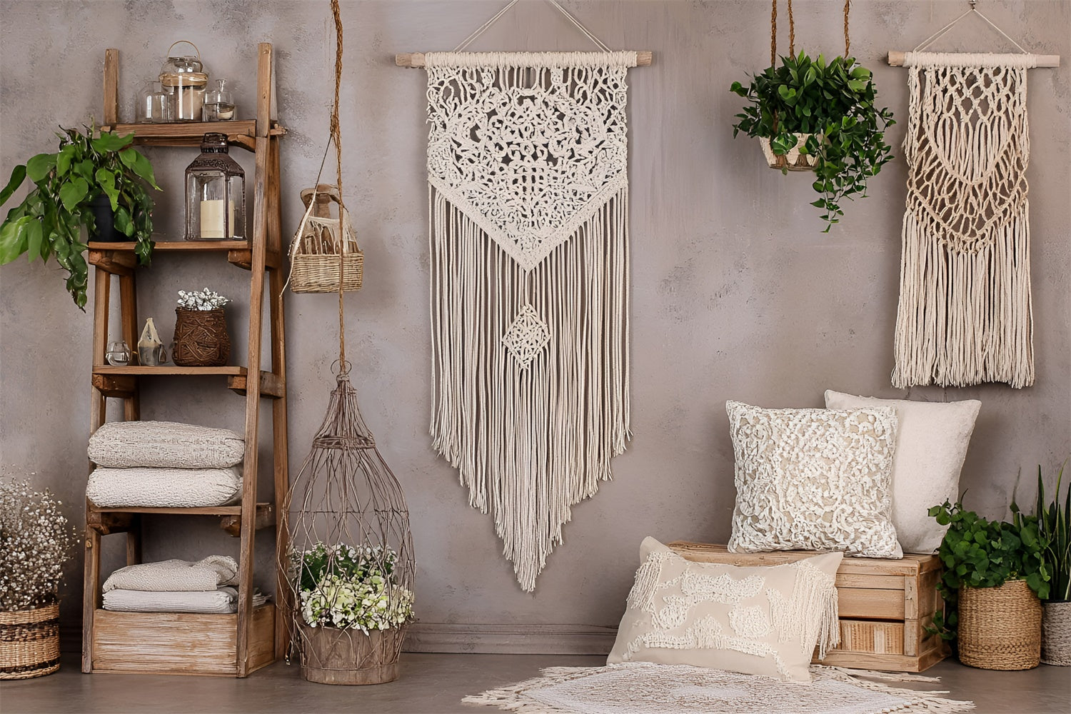 Toile de Fond Photo Boho Mur Macramé Plantes Vertes GQ2-83