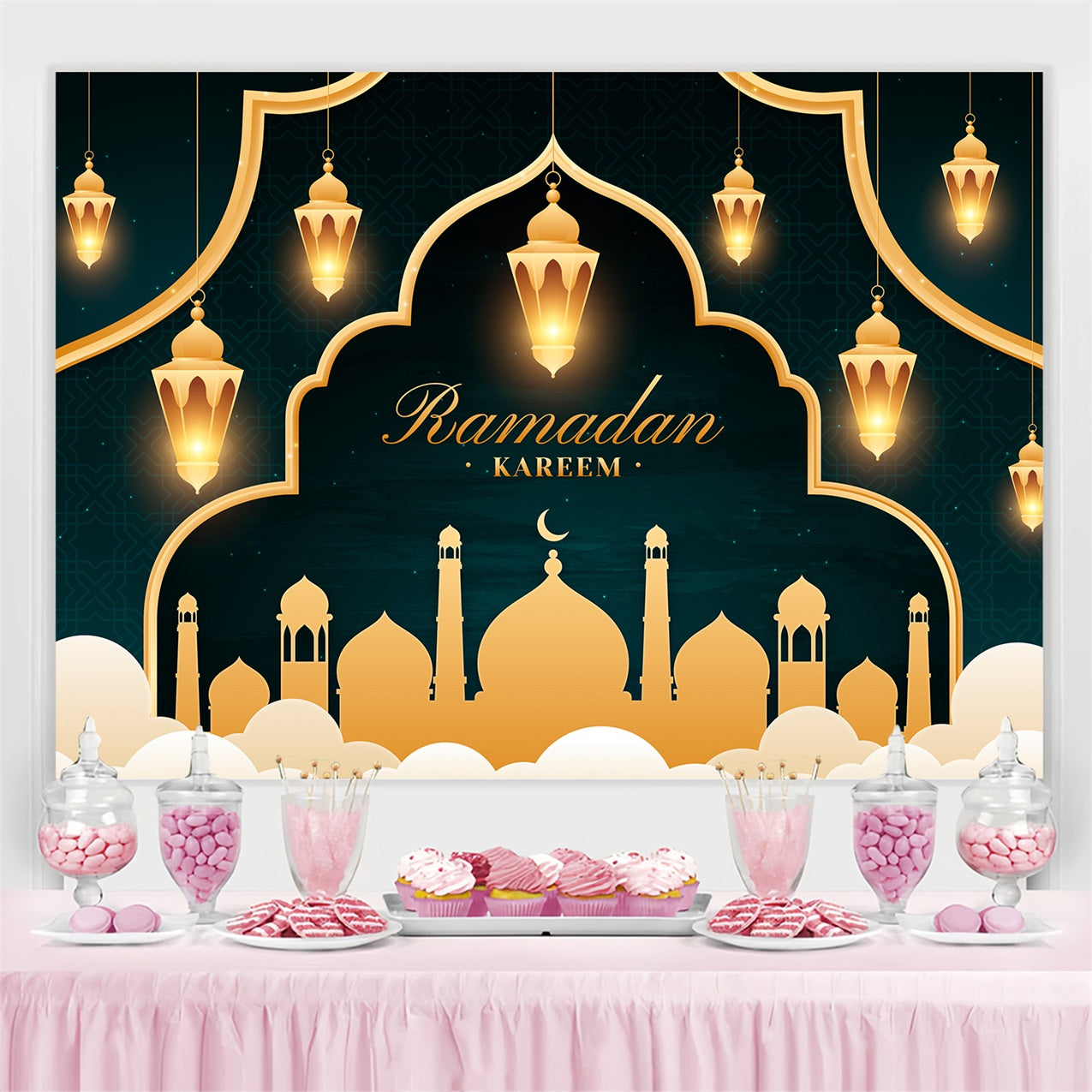 Toile de fond Ramadan Mubarak Arche Lumineuse Dorée Lanternes GQ3-10