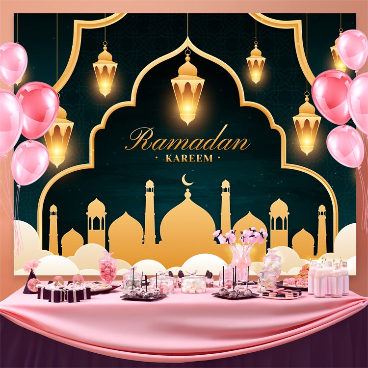 Toile de fond Ramadan Mubarak Arche Lumineuse Dorée Lanternes GQ3-10