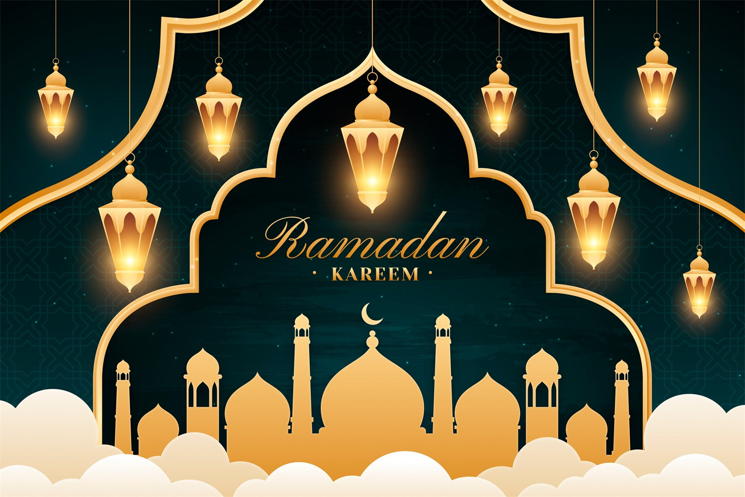 Toile de fond Ramadan Mubarak Arche Lumineuse Dorée Lanternes GQ3-10
