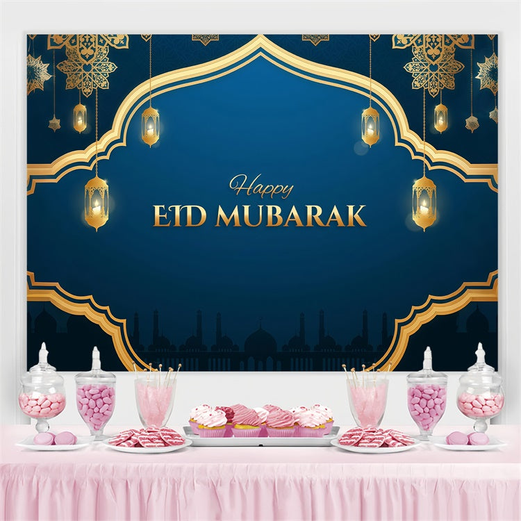 Toile de fond Eid Mubarak Cadre Orné Doré Lanternes GQ3-100