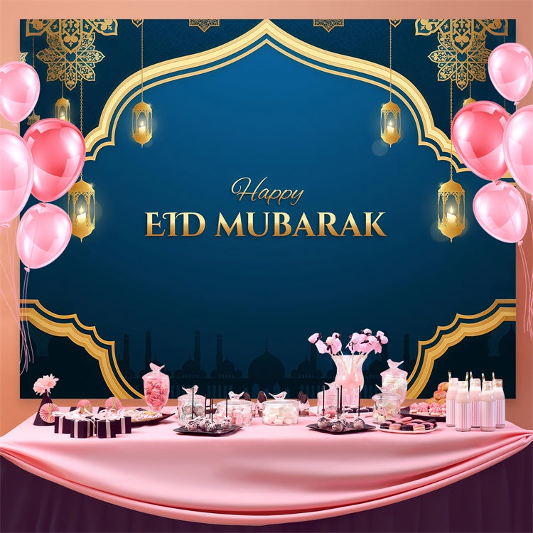 Toile de fond Eid Mubarak Cadre Orné Doré Lanternes GQ3-100