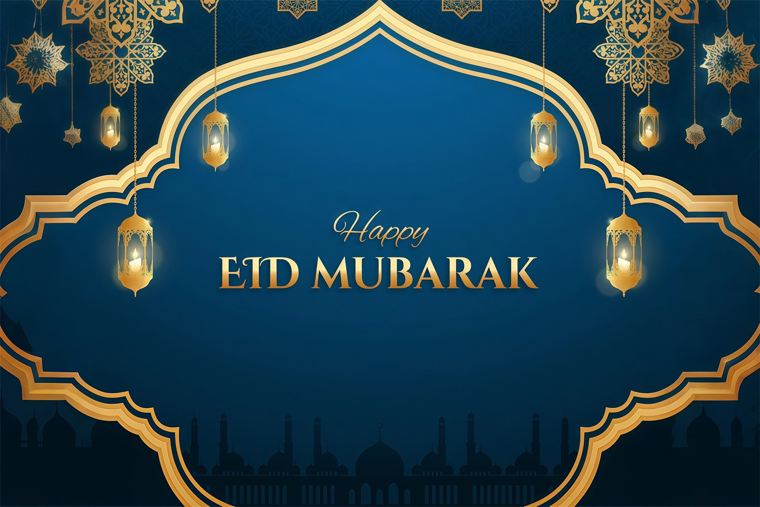 Toile de fond Eid Mubarak Cadre Orné Doré Lanternes GQ3-100