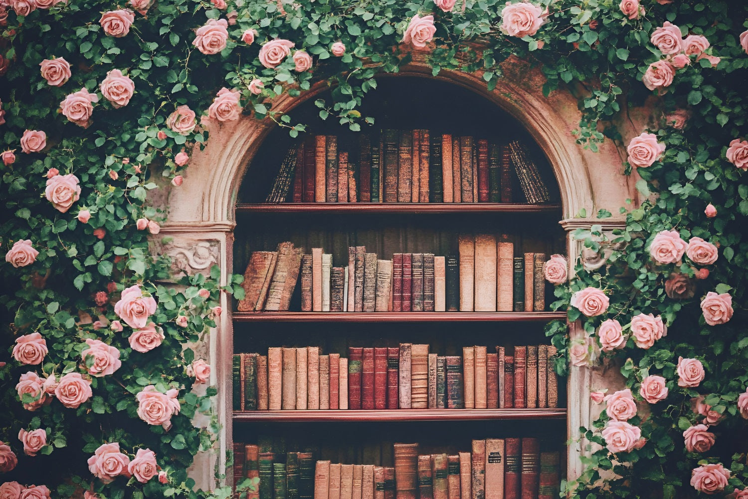 Toile de fond Bienvenue Rentrée des Classes Arche de Roses Bibliothèque GQ3-114