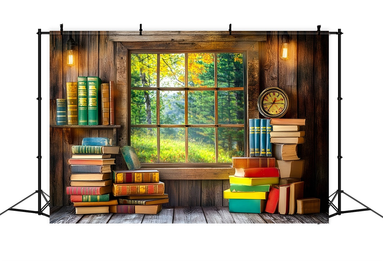 Toile de fond Rentrée des Classes Fenêtre Bureau Pile de Livres GQ3-117