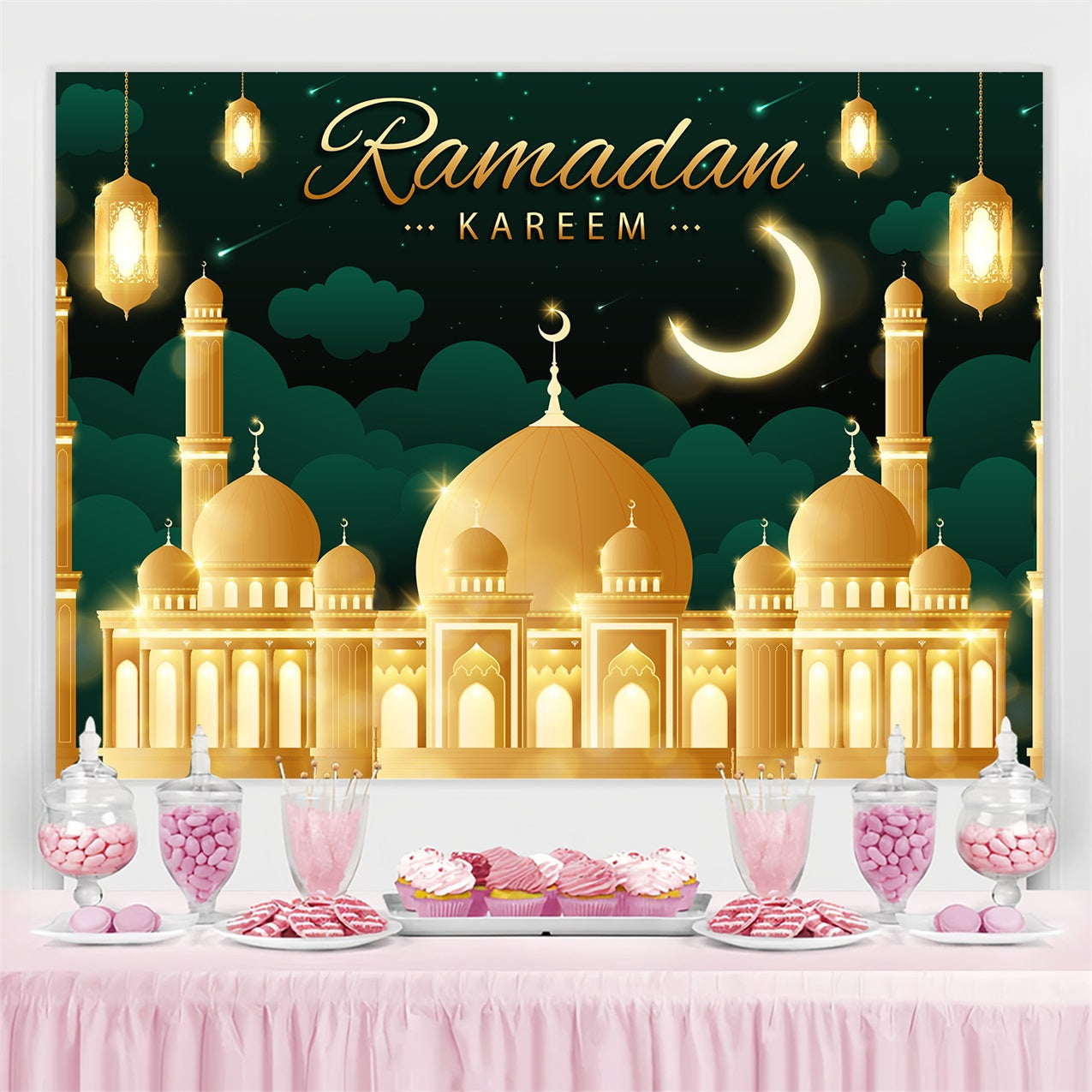 Toile de fond Ramadan Ciel Étoilé Majestueux Mosquée Dorée GQ3-12