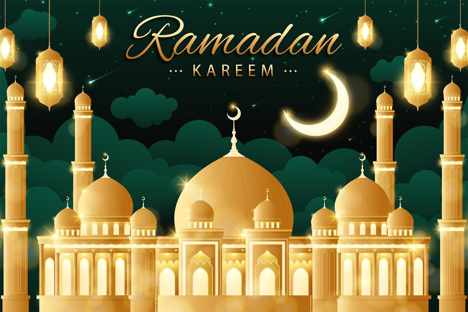 Toile de fond Ramadan Ciel Étoilé Majestueux Mosquée Dorée GQ3-12