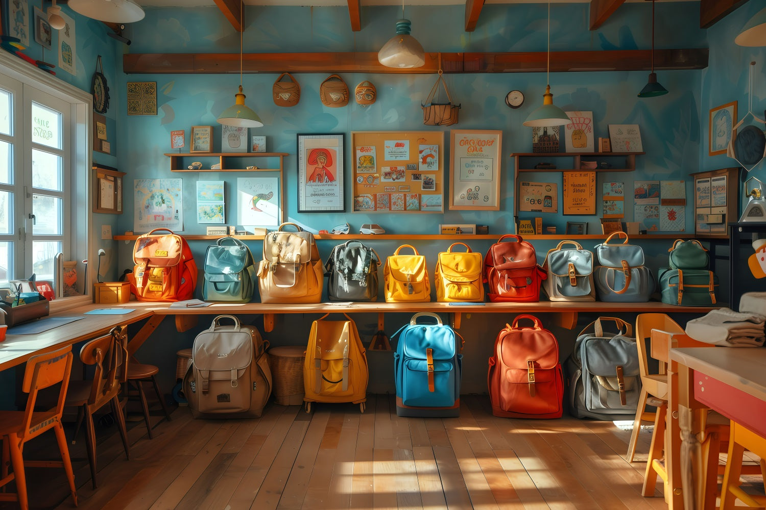 Toile de fond Rentrée des Classes Salle de Classe Cartables GQ3-124