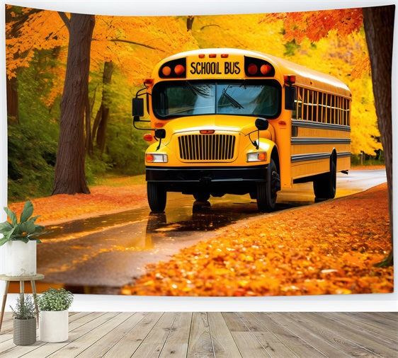 Toile de fond Photographie Rentrée des Classes Feuilles d'Automne Bus Scolaire GQ3-128