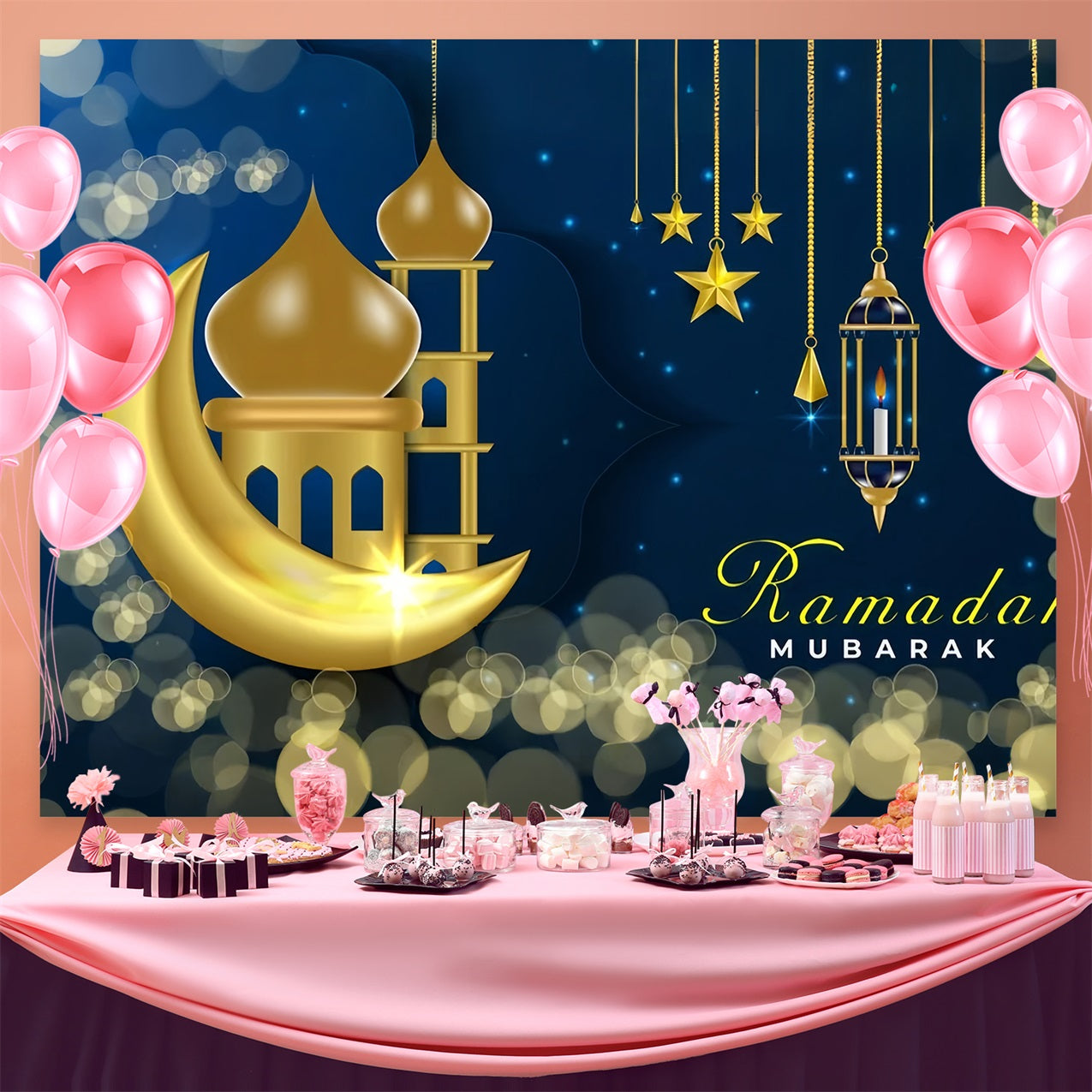 Toile de fond Ramadan Lune Dorée Nuit Étoilée GQ3-13