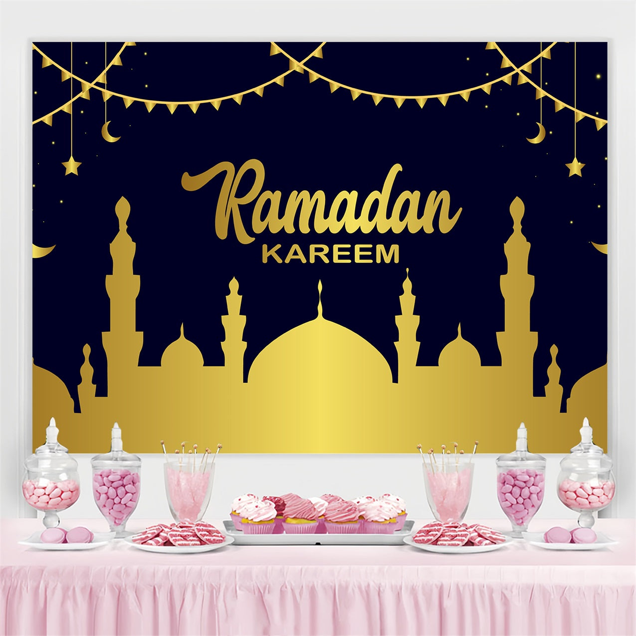 Toile de fond Ramadan Mosquée Dorée Éclairée au Clair de Lune GQ3-15