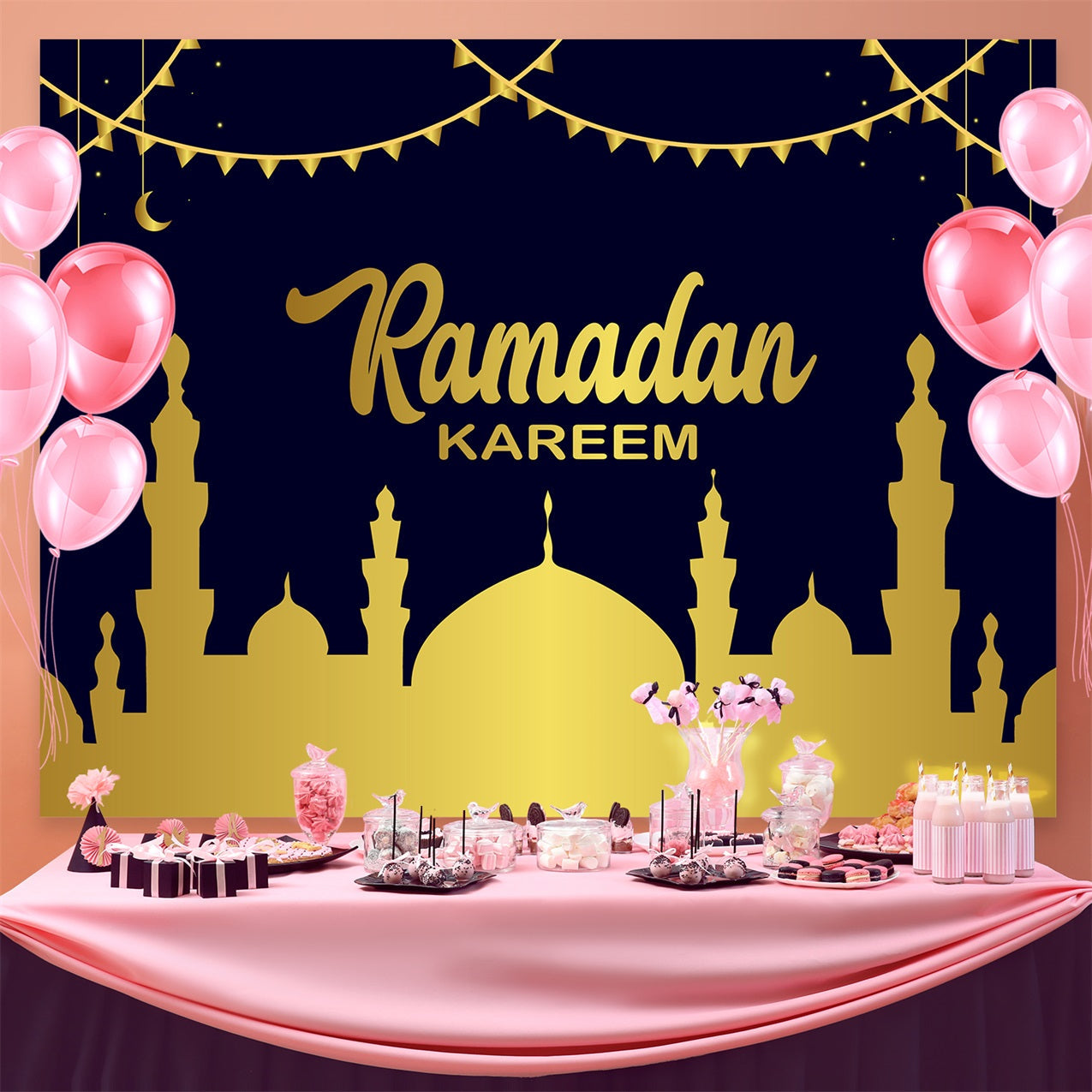 Toile de fond Ramadan Mosquée Dorée Éclairée au Clair de Lune GQ3-15