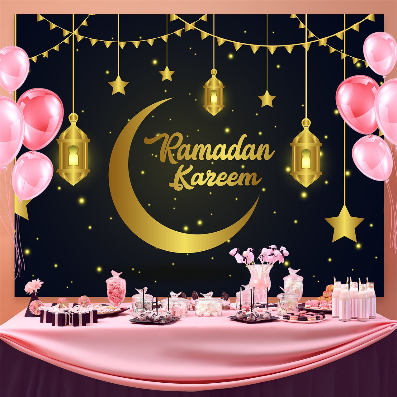 Toile de fond Ramadan Mubarak Étoiles Dorées Lanternes GQ3-16