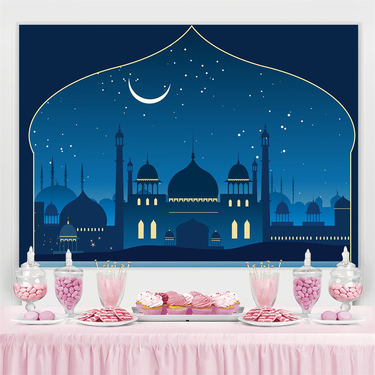 Toile de fond Ramadan Nuit Étoilée Mosquée Bleue GQ3-17