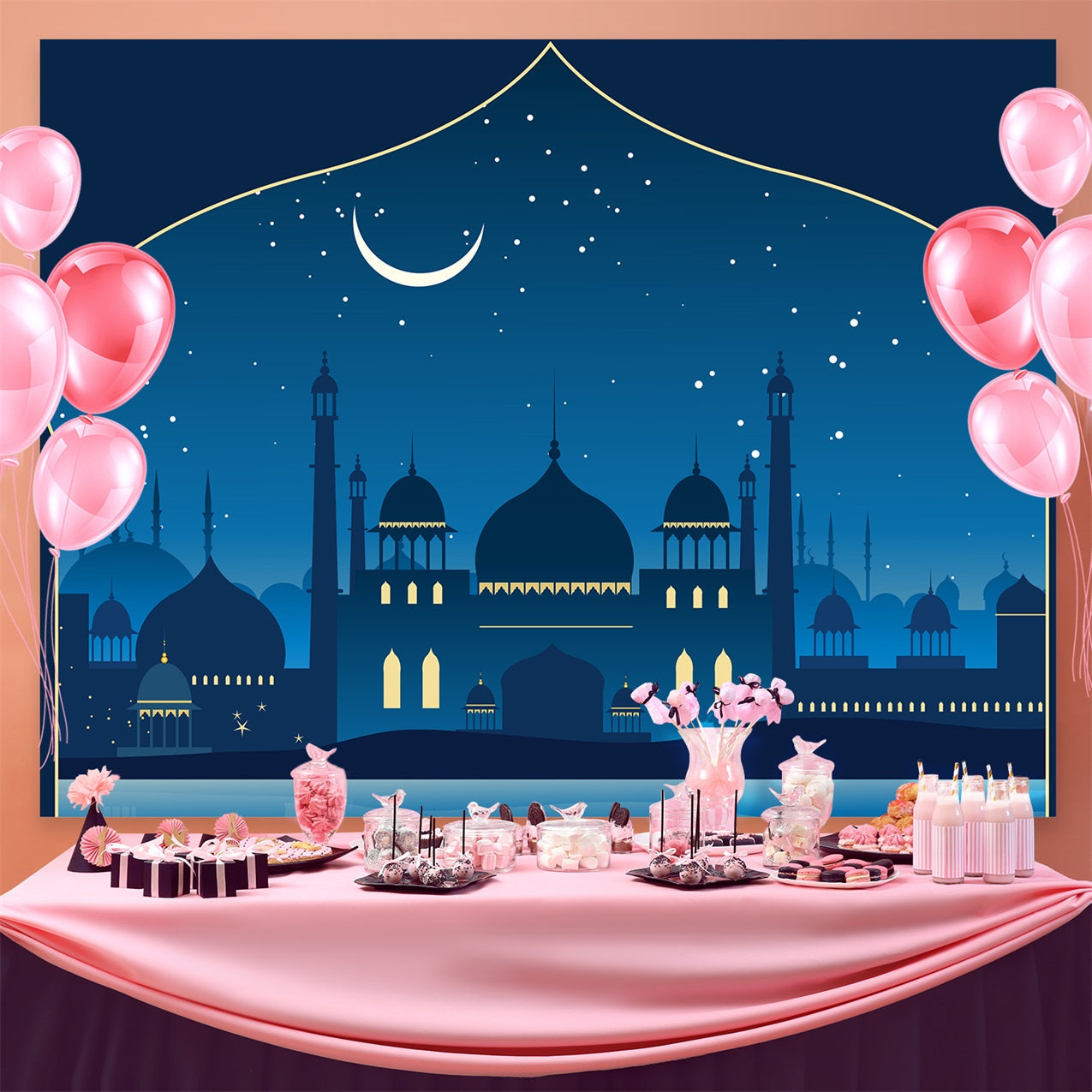 Toile de fond Ramadan Nuit Étoilée Mosquée Bleue GQ3-17