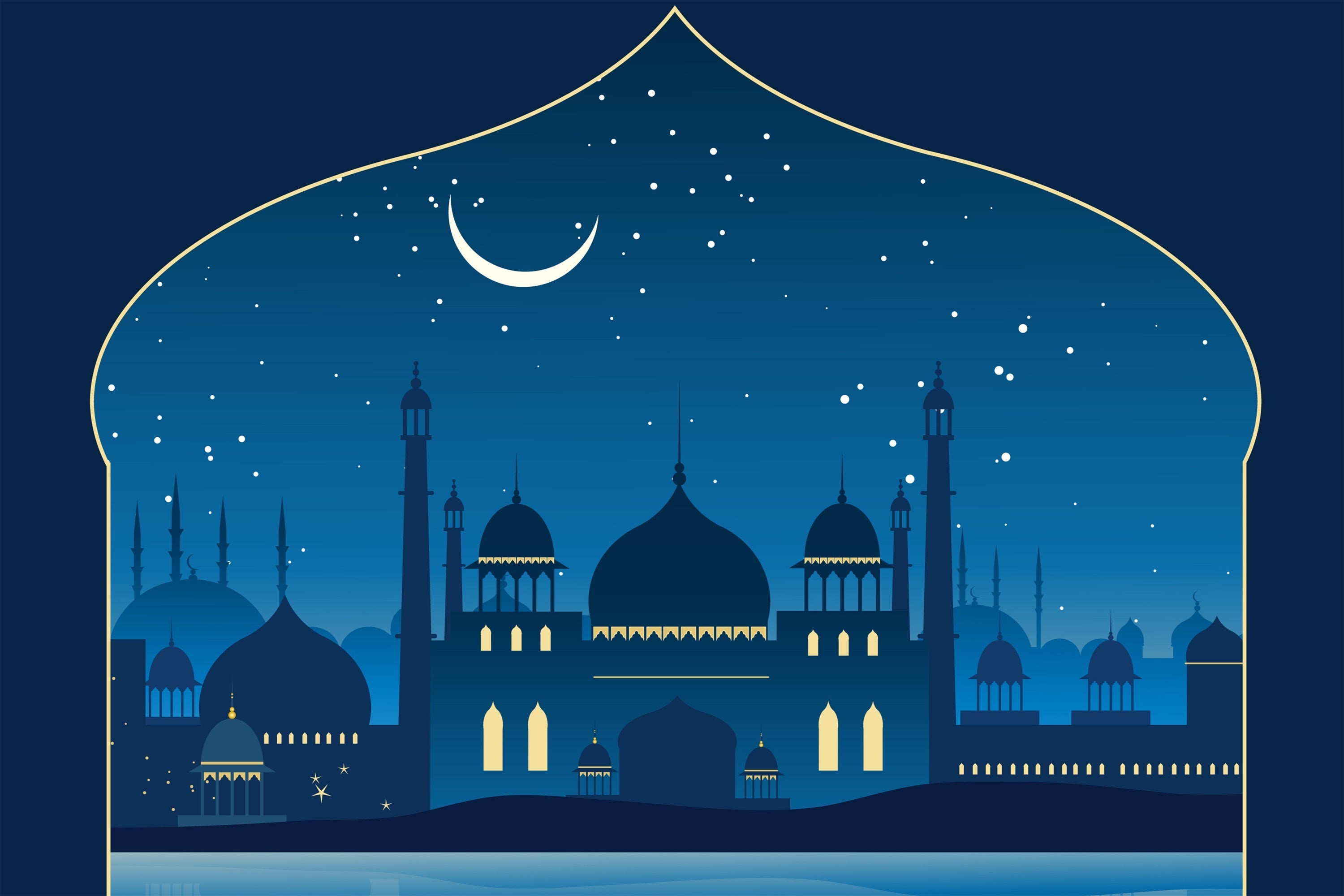 Toile de fond Ramadan Nuit Étoilée Mosquée Bleue GQ3-17