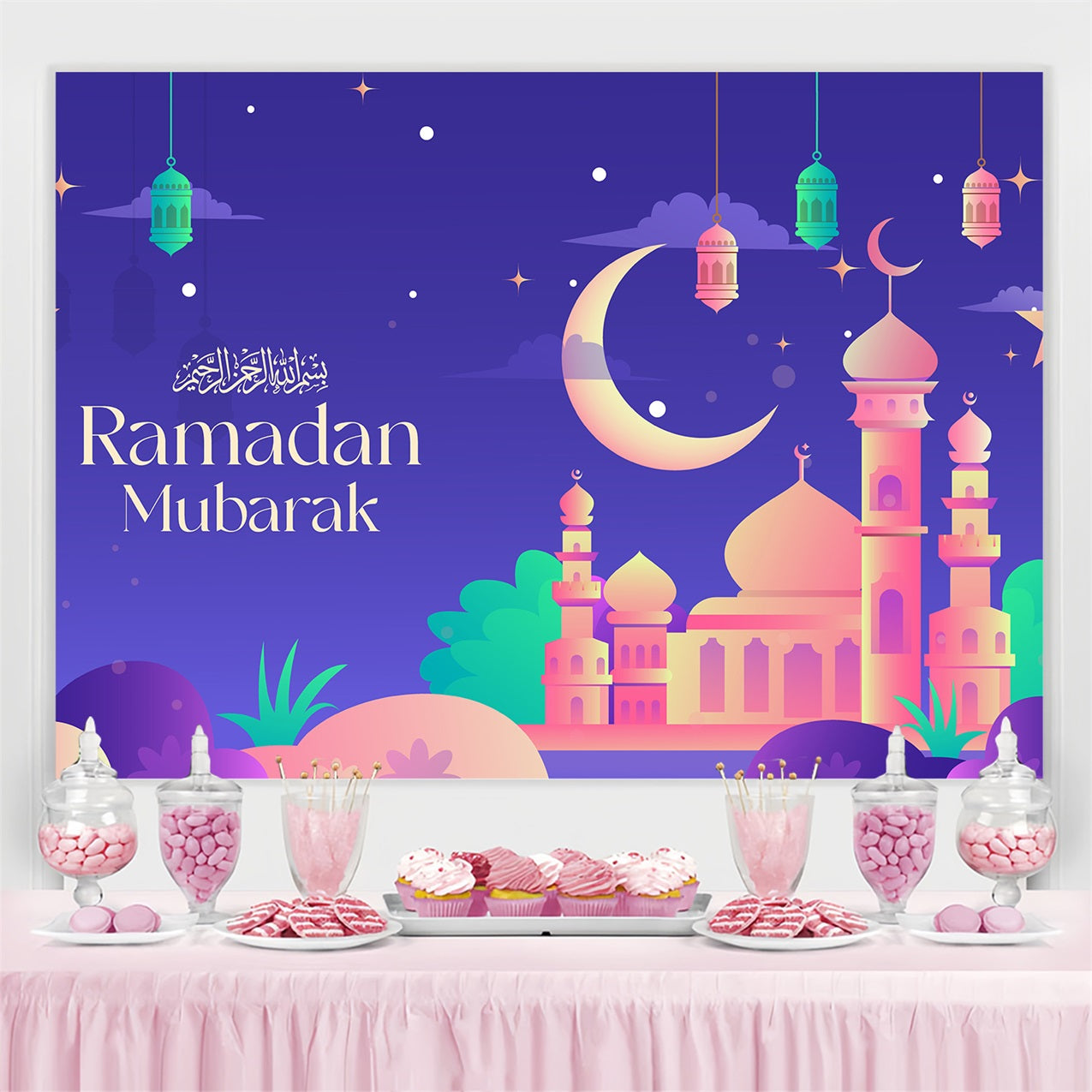 Toile de fond Ramadan Célébration Crépuscule Coloré Mosquée GQ3-18
