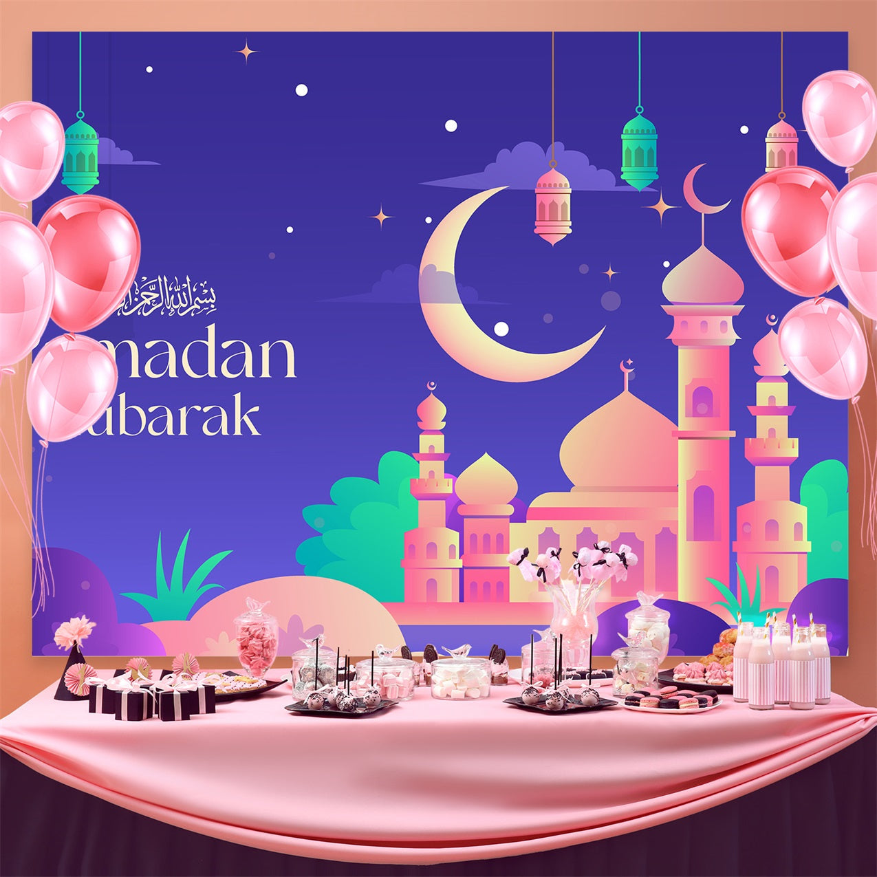 Toile de fond Ramadan Célébration Crépuscule Coloré Mosquée GQ3-18