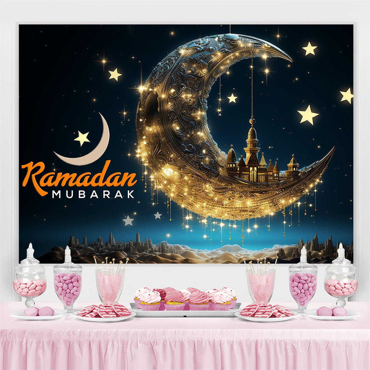 Toile de fond Ramadan Croissant Doré Flottant Mosquée GQ3-19