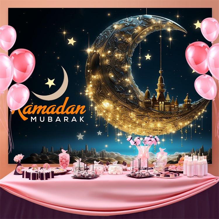 Toile de fond Ramadan Croissant Doré Flottant Mosquée GQ3-19