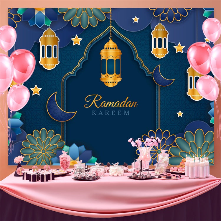 Toile de fond Ramadan Mubarak Arche Florale Bleue Dorée Lanternes GQ3-2