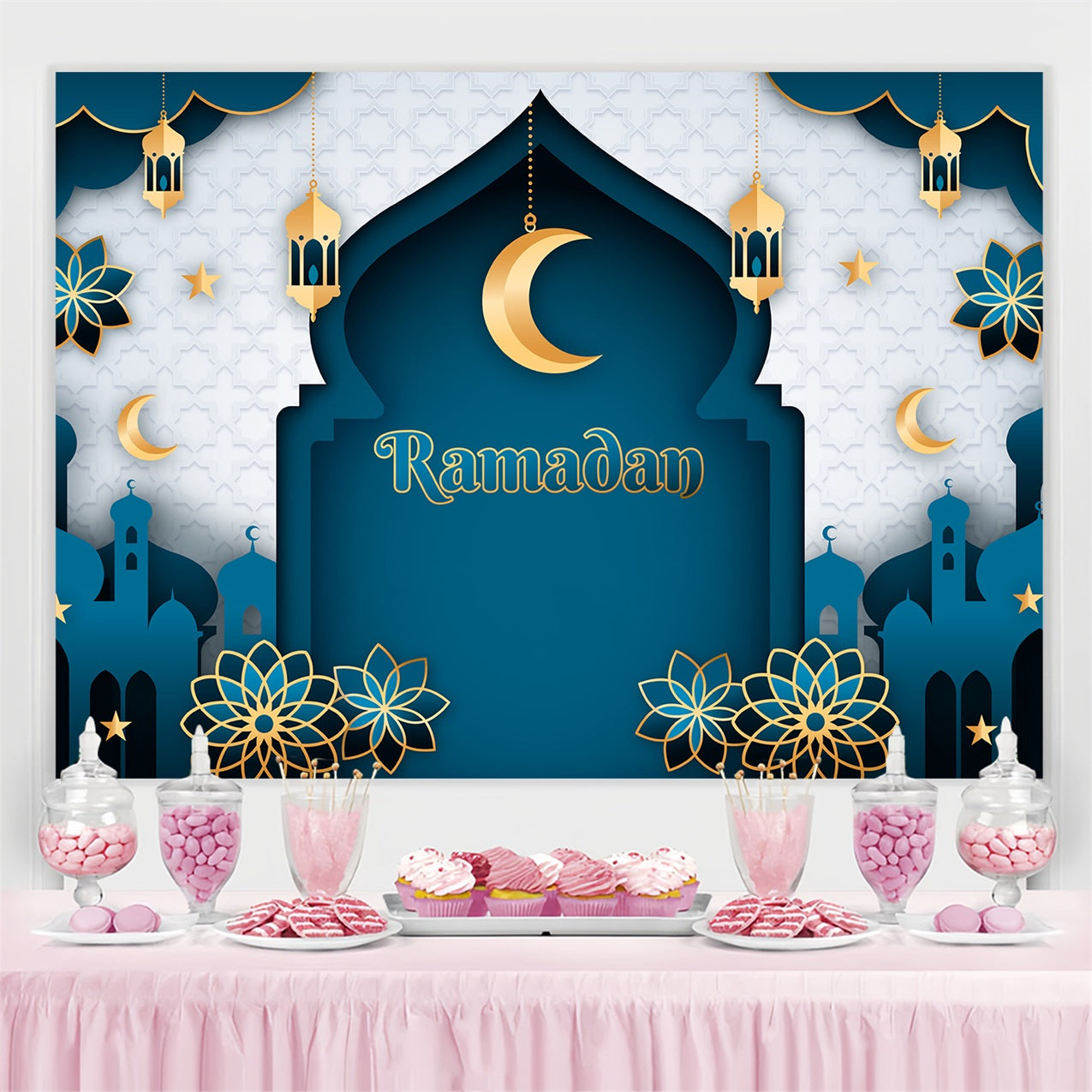 Toile de fond Ramadan Mubarak Arche Classique Bleue Croissant GQ3-20