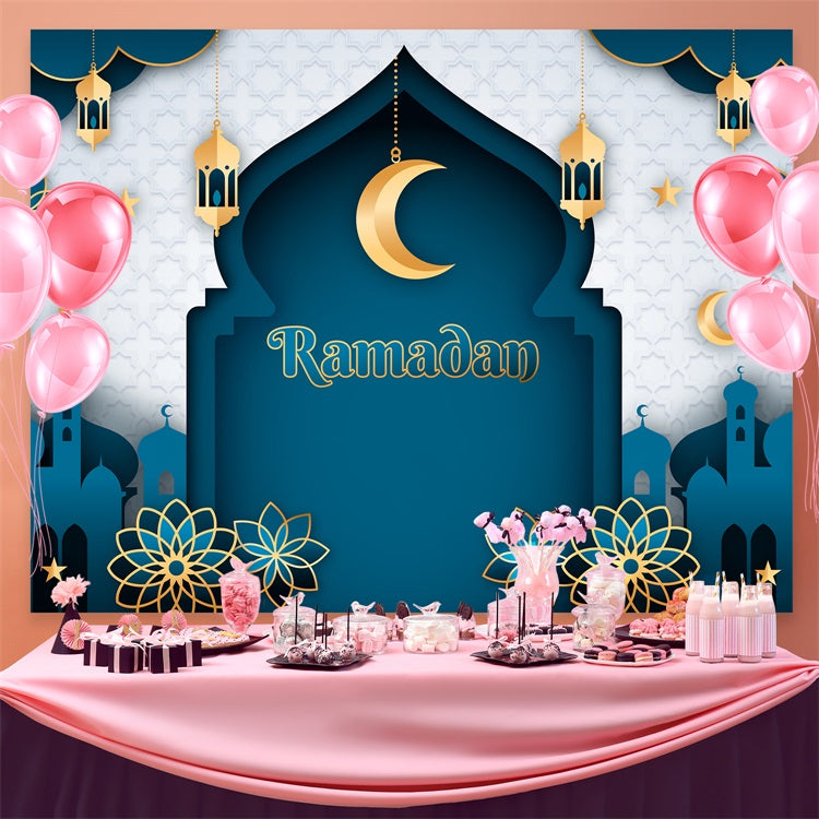 Toile de fond Ramadan Mubarak Arche Classique Bleue Croissant GQ3-20