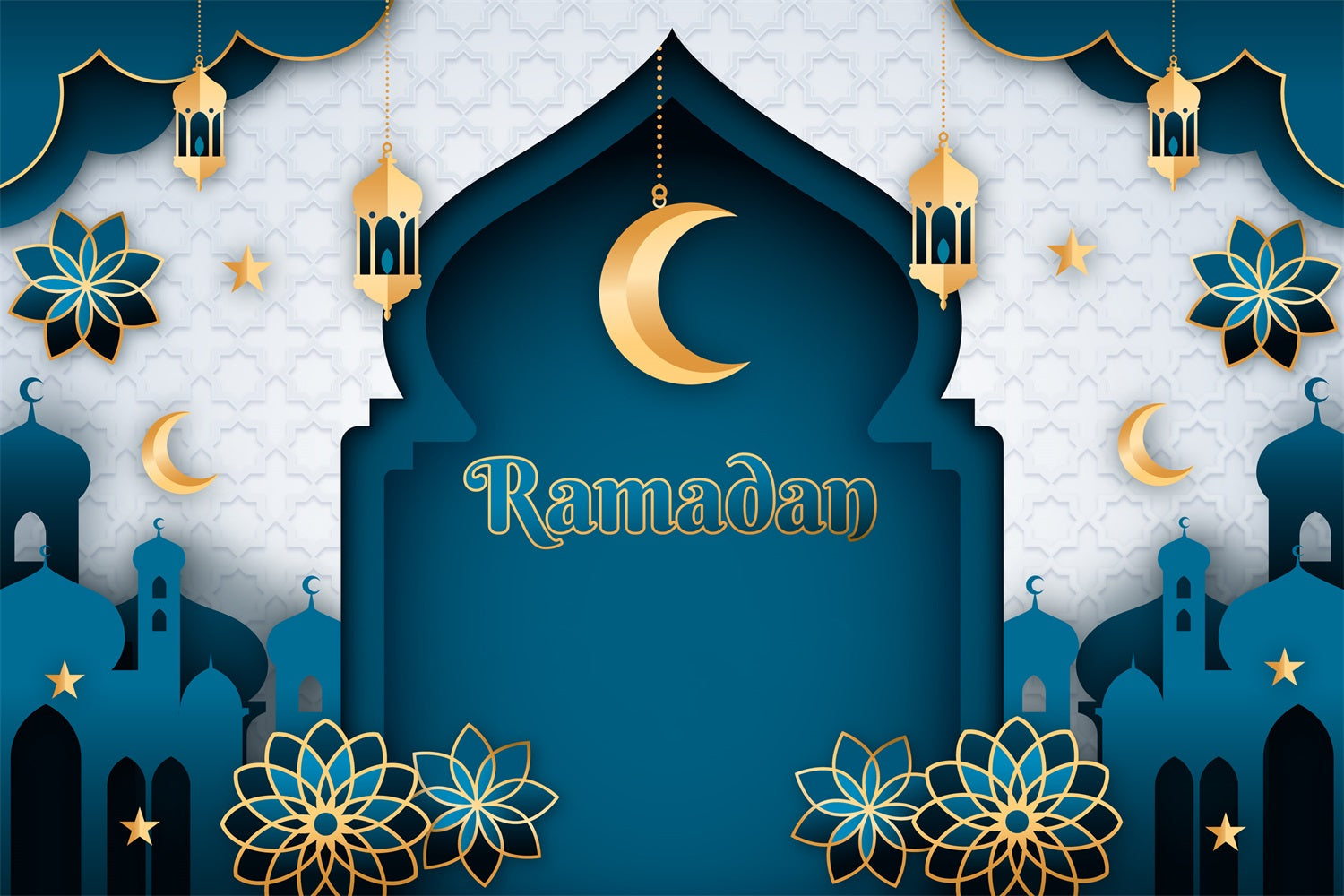 Toile de fond Ramadan Mubarak Arche Classique Bleue Croissant GQ3-20
