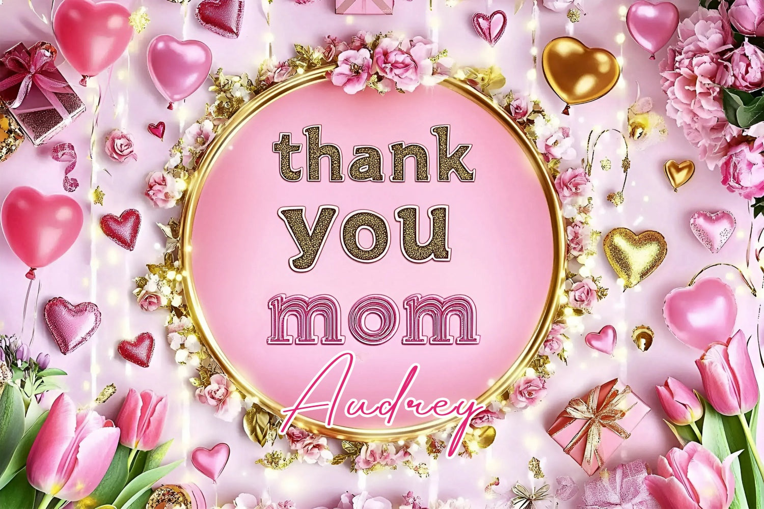 Toile de fond Fête des Mères Personnalisable Ballons Cœur Lumineux et Fleurs GQ3-200