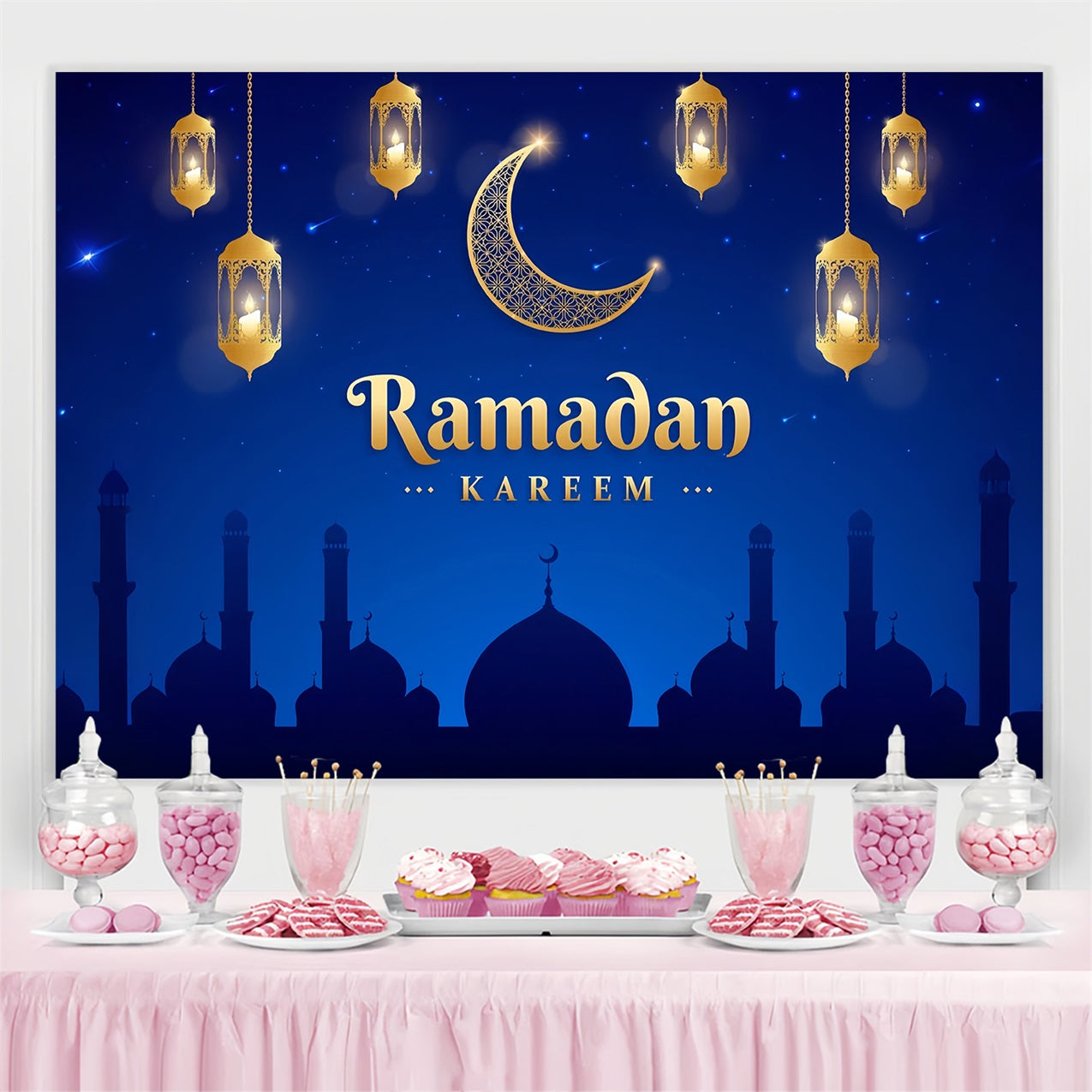 Toile de fond Ramadan Nuit Croissant Doré Lanterne GQ3-21