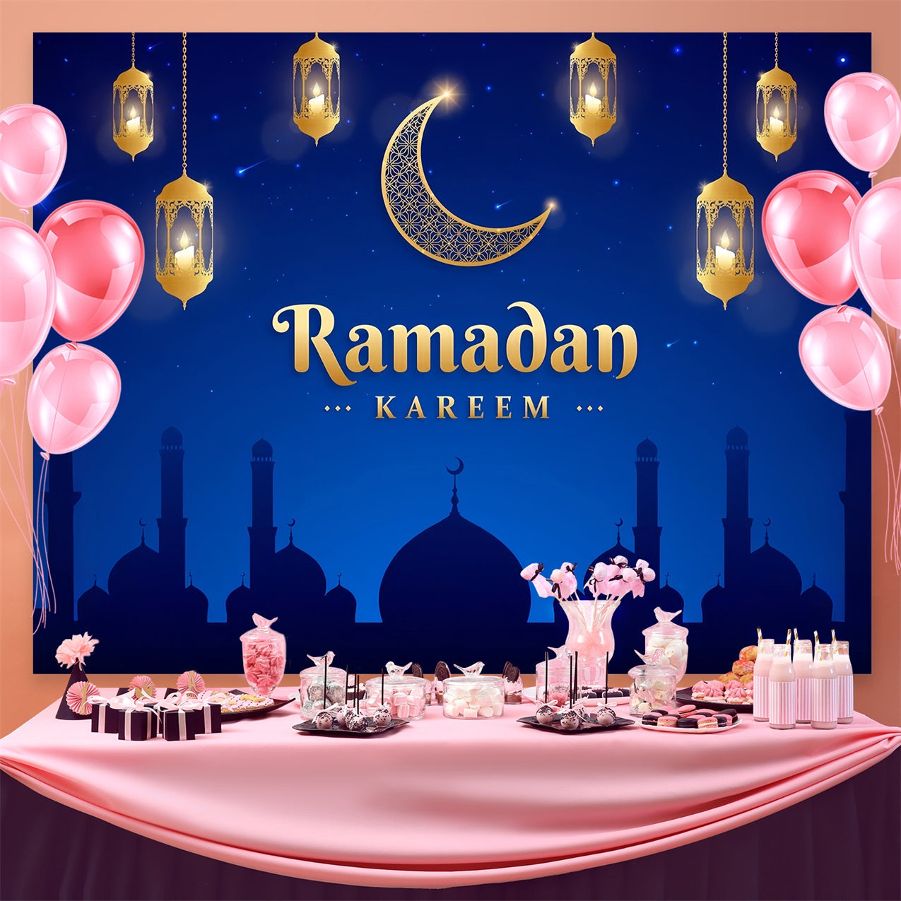 Toile de fond Ramadan Nuit Croissant Doré Lanterne GQ3-21