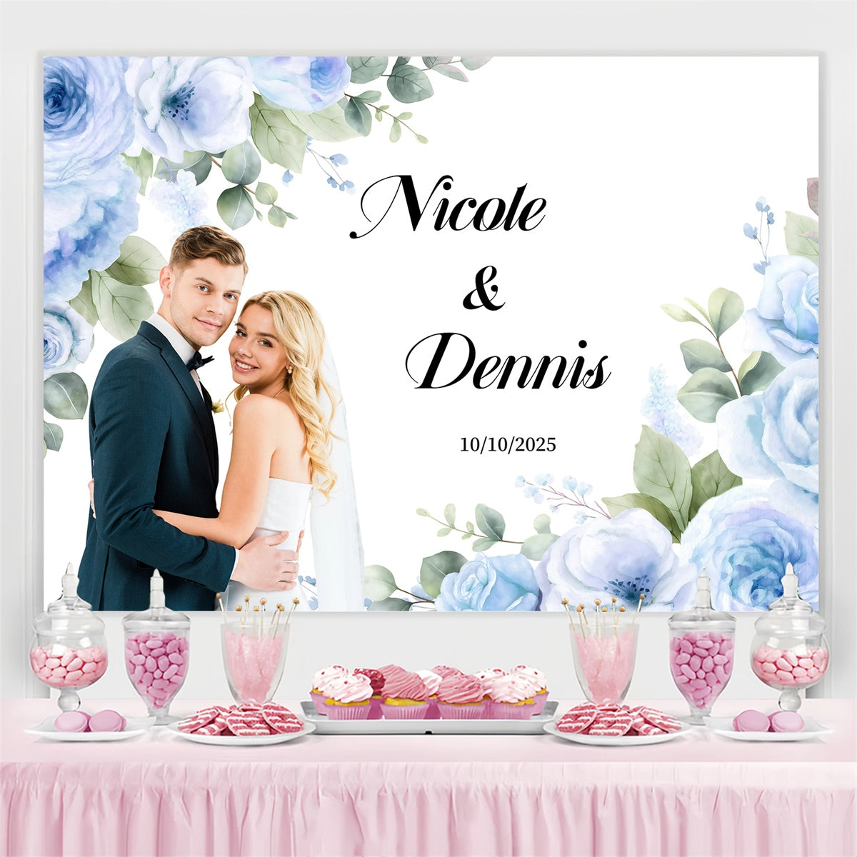 Toile de fond Photo Mariage Personnalisable Romantique Rose Bleue GQ3-226
