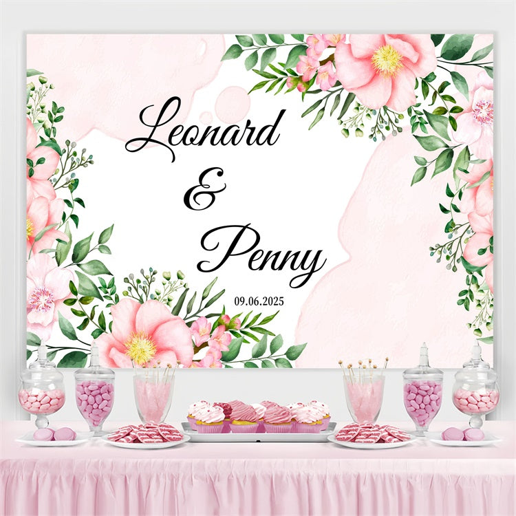 Toile de fond Photo Mariage Personnalisé Aquarelle Fleurs Roses Feuillage GQ3-229