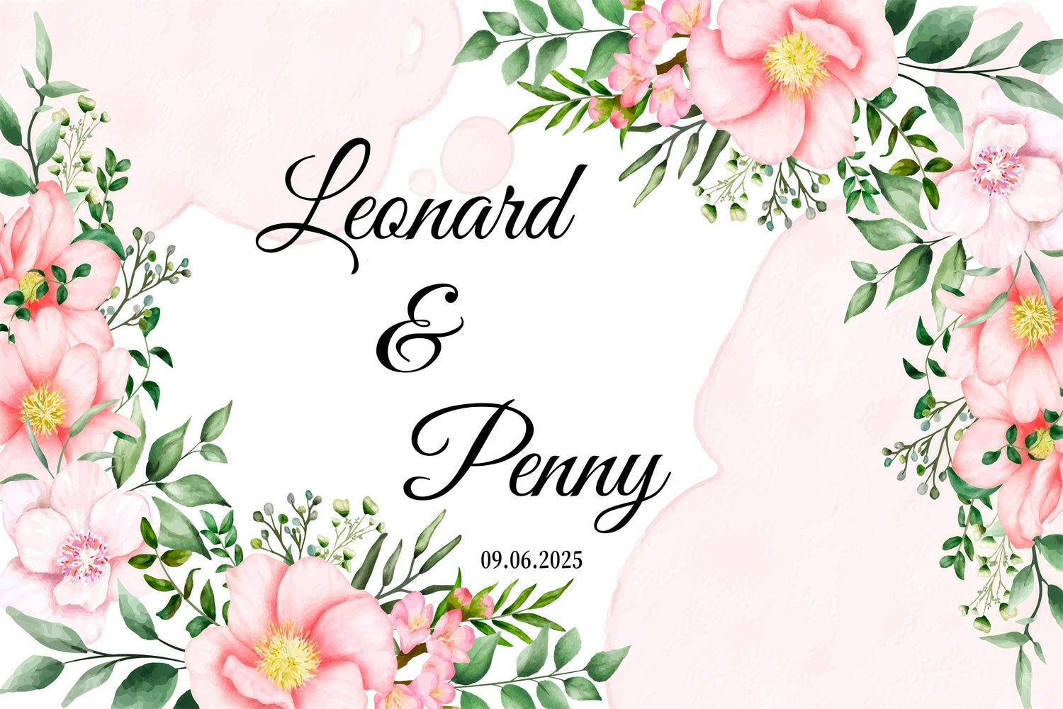 Toile de fond Photo Mariage Personnalisé Aquarelle Fleurs Roses Feuillage GQ3-229