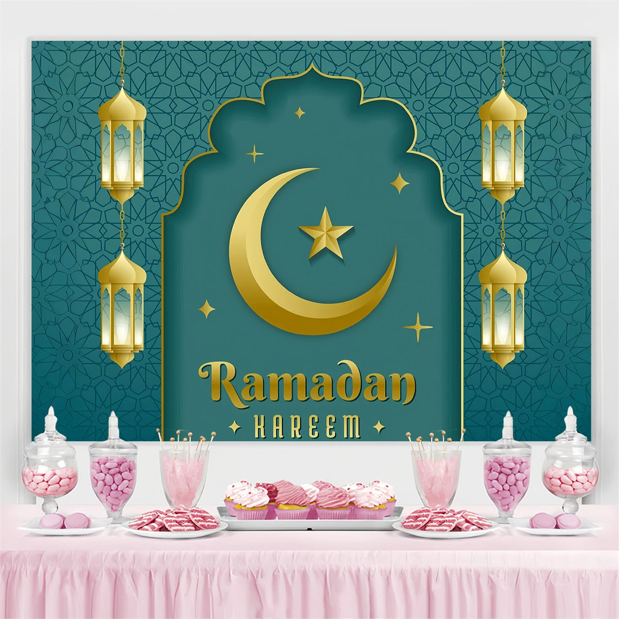 Toile de fond Ramadan Arche Élégante Croissant Lanterne GQ3-23