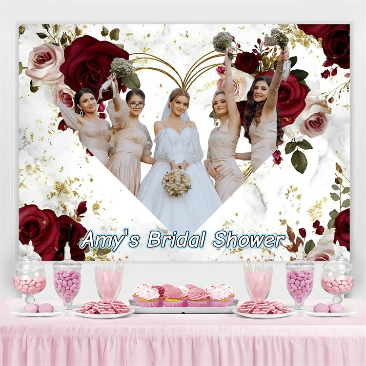 Toile de fond Bridal Shower Personnalisable Cadre Cœur Roses Rouges GQ3-235