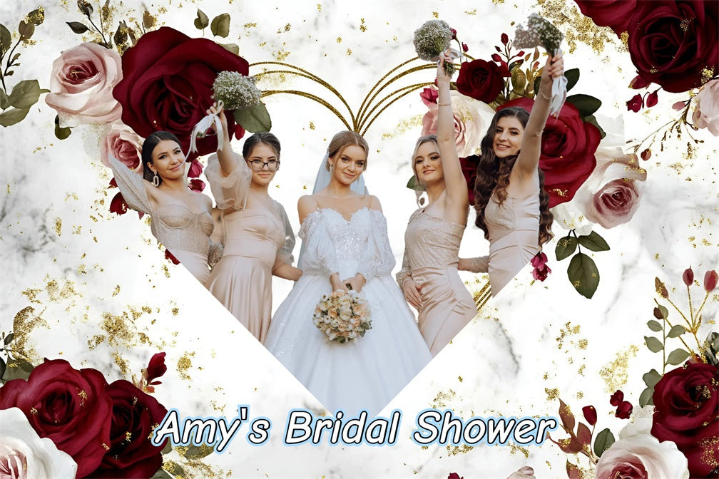 Toile de fond Bridal Shower Personnalisable Cadre Cœur Roses Rouges GQ3-235