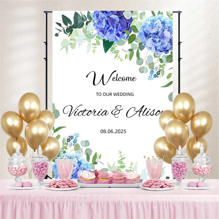 Toile de fond Photo Mariage Personnalisable Bienvenue Feuillage Bleu Floral GQ3-237