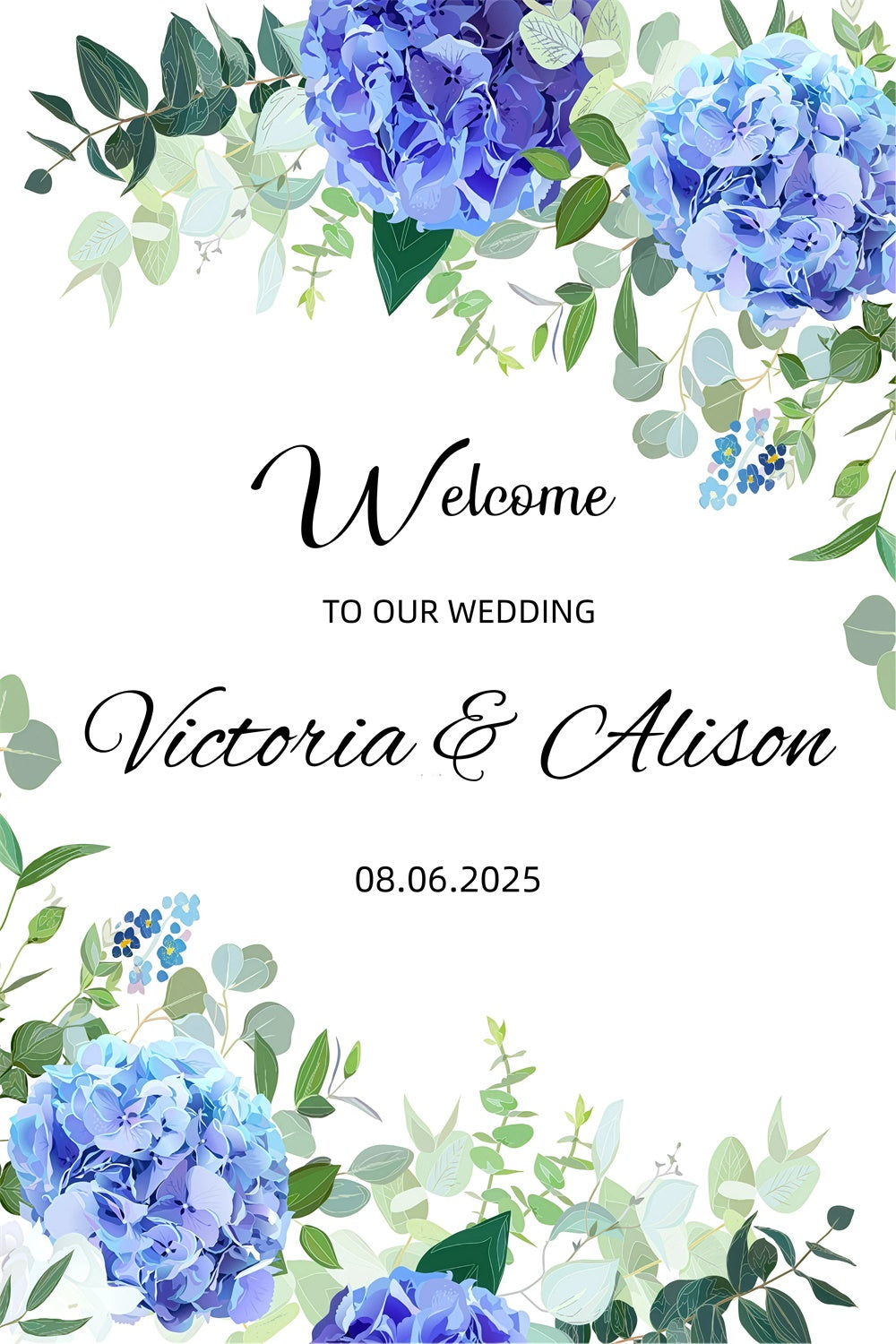 Toile de fond Photo Mariage Personnalisable Bienvenue Feuillage Bleu Floral GQ3-237