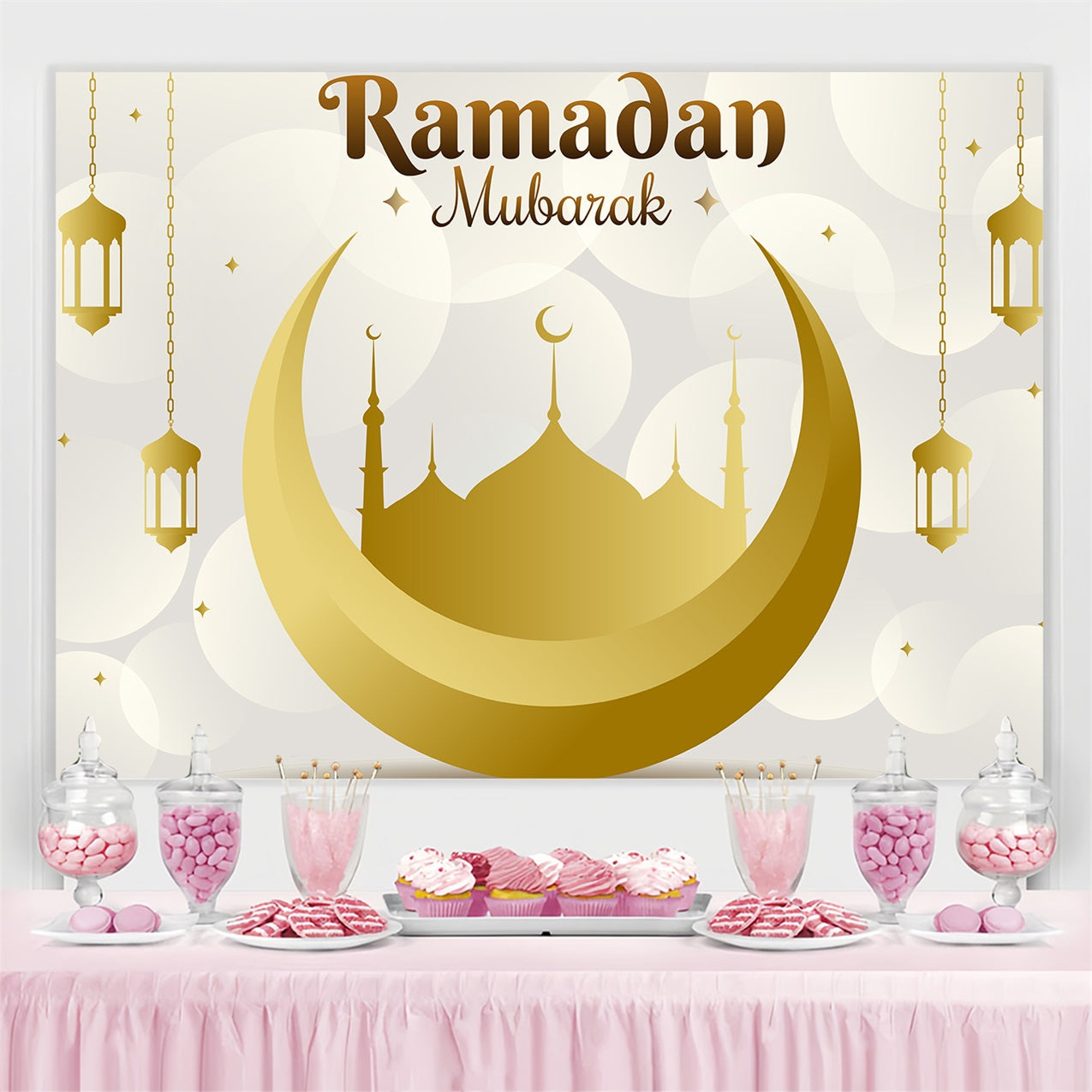 Toile de fond Ramadan Mubarak Croissant Doré Lanternes Suspendues GQ3-24