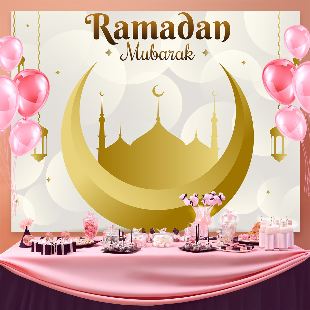 Toile de fond Ramadan Mubarak Croissant Doré Lanternes Suspendues GQ3-24