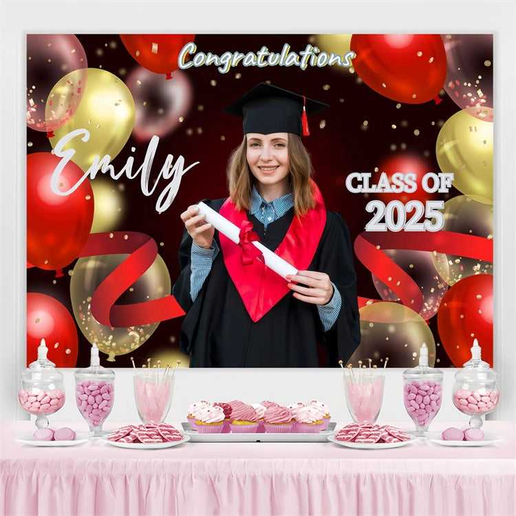 Toile de fond personnalisée de remise des diplômes Ballons rouges et dorés GQ3-248