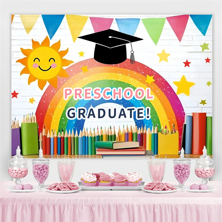 Toile de fond de remise des diplômes préscolaire Bannière arc-en-ciel vibrante GQ3-257