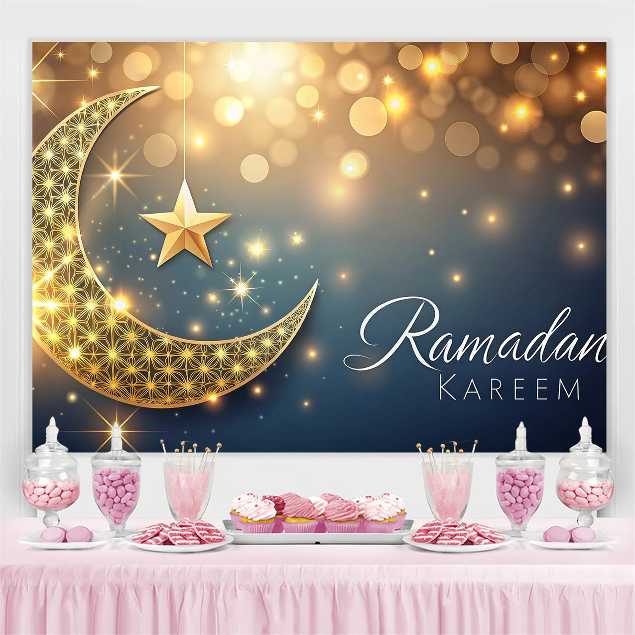 Toile de fond Ramadan Croissant Doré Étoiles Scintillantes GQ3-29