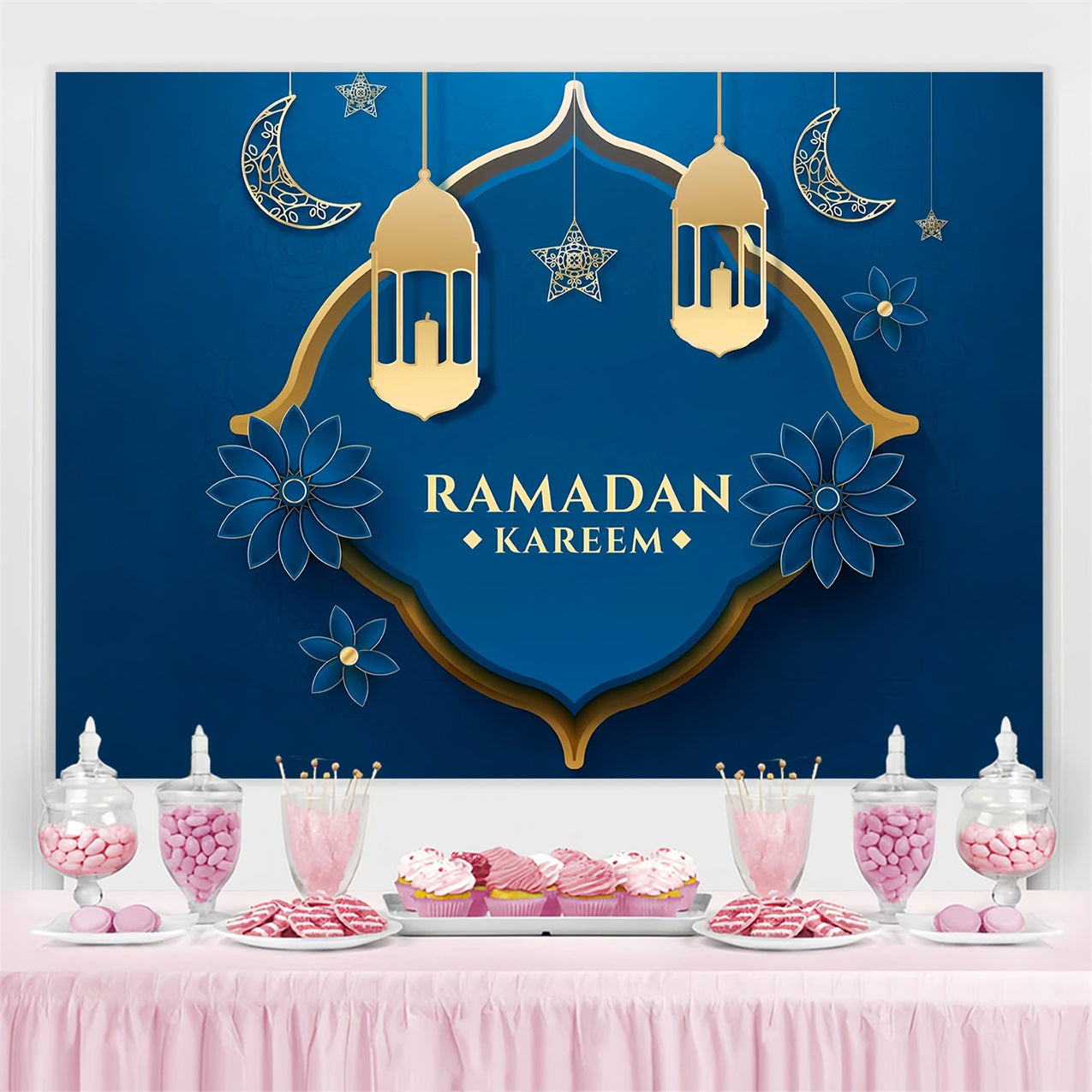 Toile de fond Ramadan Mubarak Croissant Bleu Floral GQ3-31