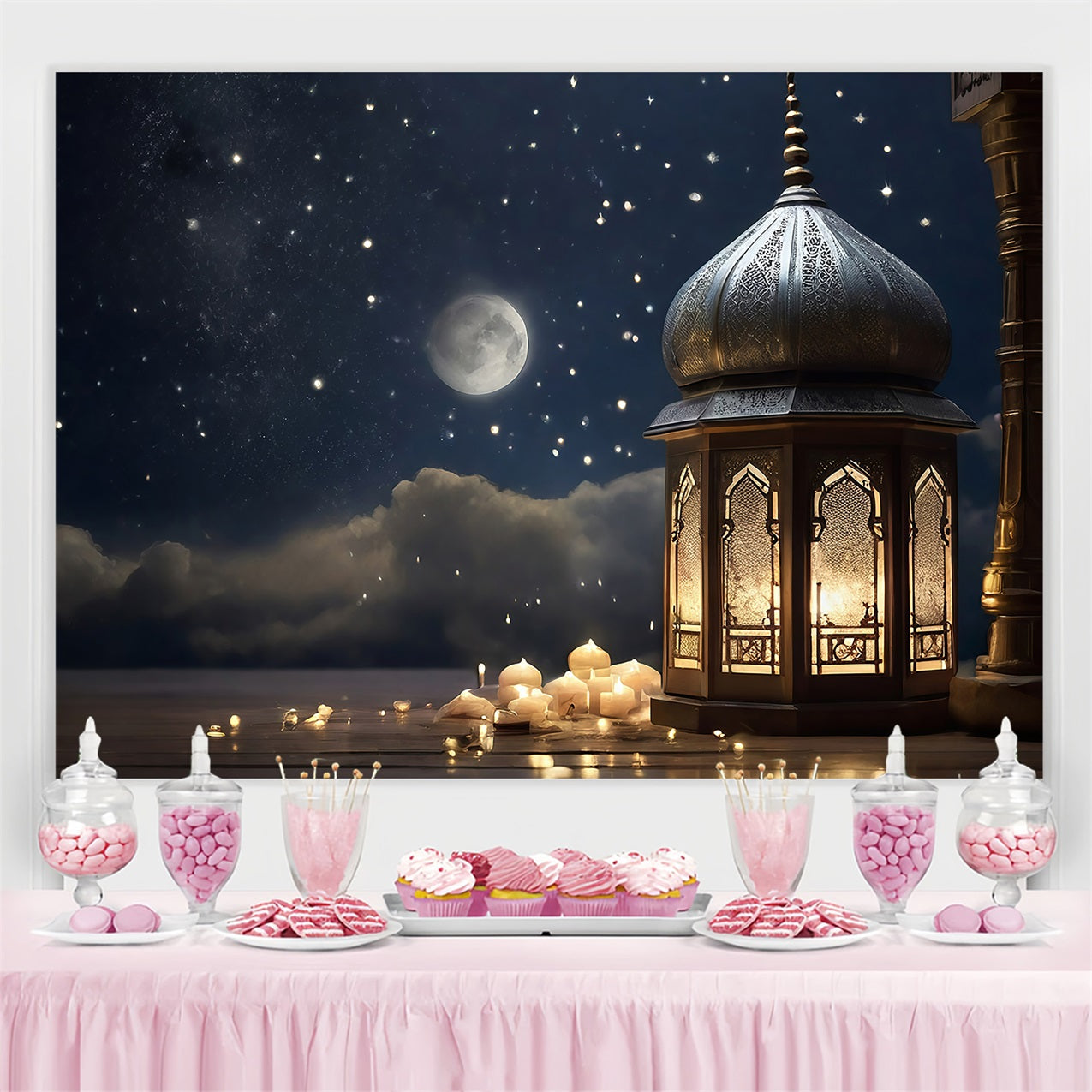 Toile de fond Ramadan Ciel Étoilé Lueur des Lanternes GQ3-32
