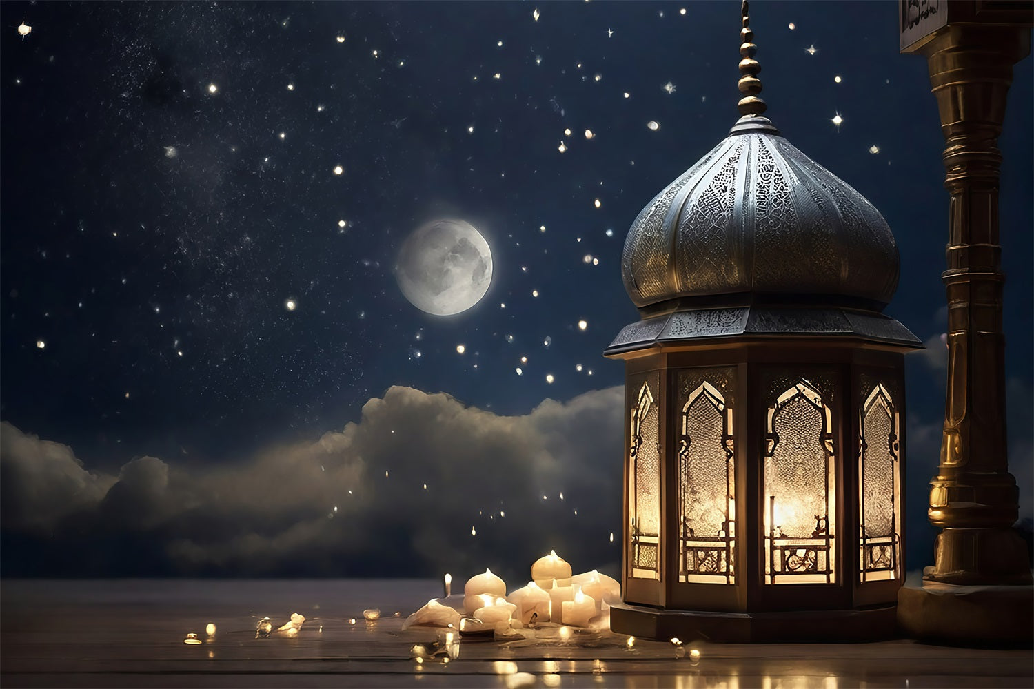 Toile de fond Ramadan Ciel Étoilé Lueur des Lanternes GQ3-32